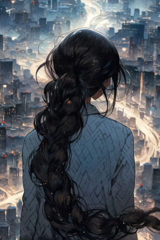 Watching the city at night, cityscape, long hair girl, 240x320 wallpaper