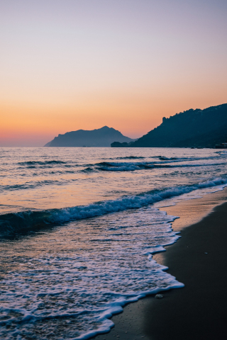Gorfu, beach, dawn, Greece, sea waves, 240x320 wallpaper