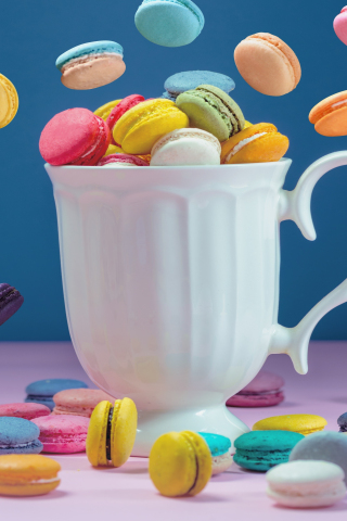 Sweets, colorful, macaron and cup, 240x320 wallpaper