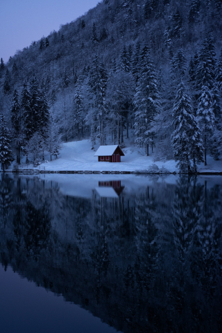 Winter, lake, house, evening, nature, 240x320 wallpaper