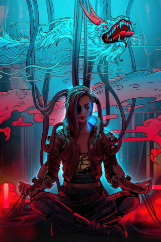 Cyberpunk 2077, girl cyborg, recharging self, meditation, 240x320 wallpaper