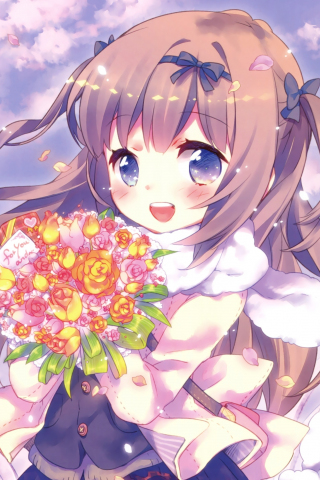 Anime girl, cute, flowers, bouquet, 240x320 wallpaper