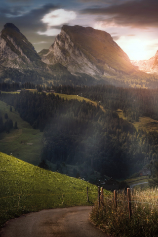 Road, swiss mountains, nature, sunbeams, forest, 240x320 wallpaper