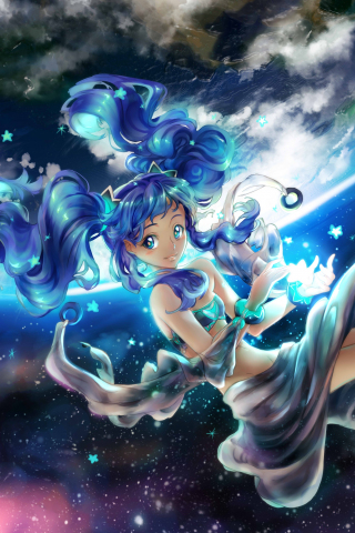 Moon light, blue hair, anime girl, dive, artwork, 240x320 wallpaper