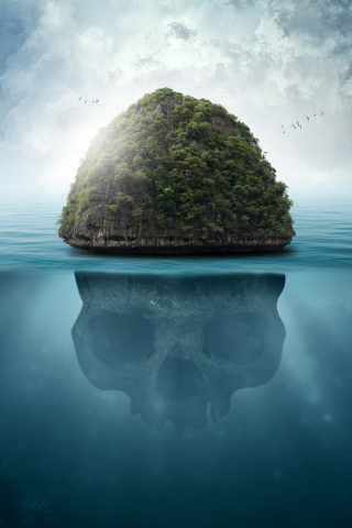 Sea, island, fantasy, skull, 240x320 wallpaper