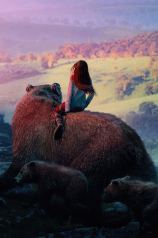 The bear ride, girl and beasts, fantasy art, 240x320 wallpaper