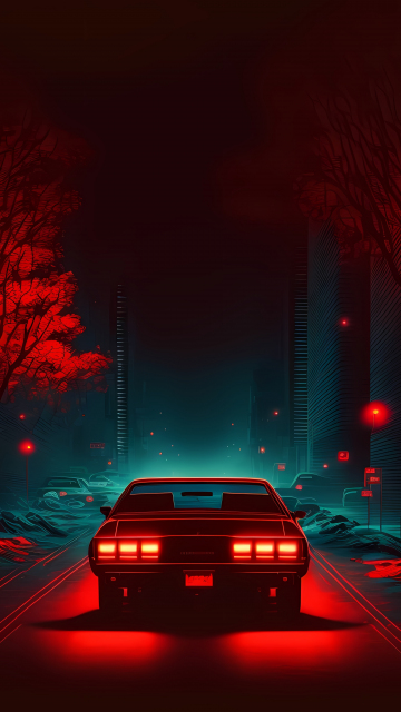 Red car on road, dark and minimal, digital art, 360x640 wallpaper