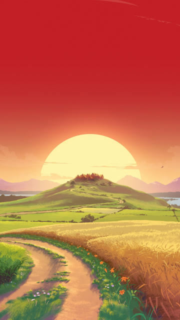 Landscape, sunset, orange sky, pathway, art, 360x640 wallpaper