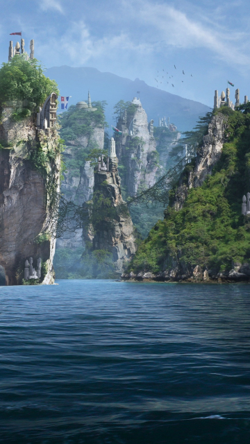 Forgotten islands, panorama, sea, cliffs, fantasy, 360x640 wallpaper