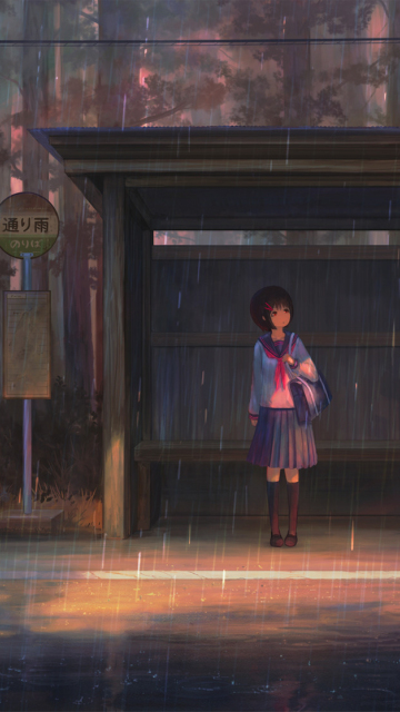 School girl, waiting for bus, rain, outdoor, 360x640 wallpaper