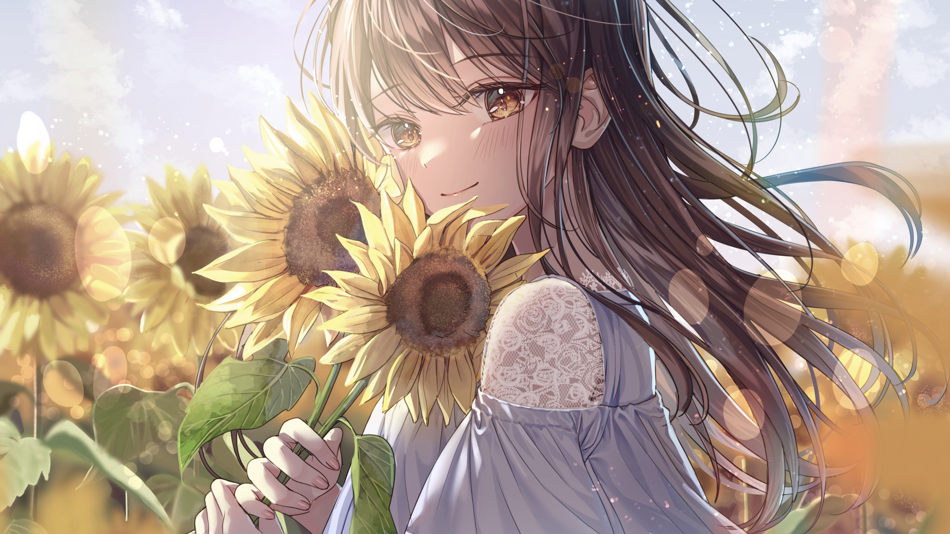 Sunflower and cute girl, anime, 3840x2160 wallpaper