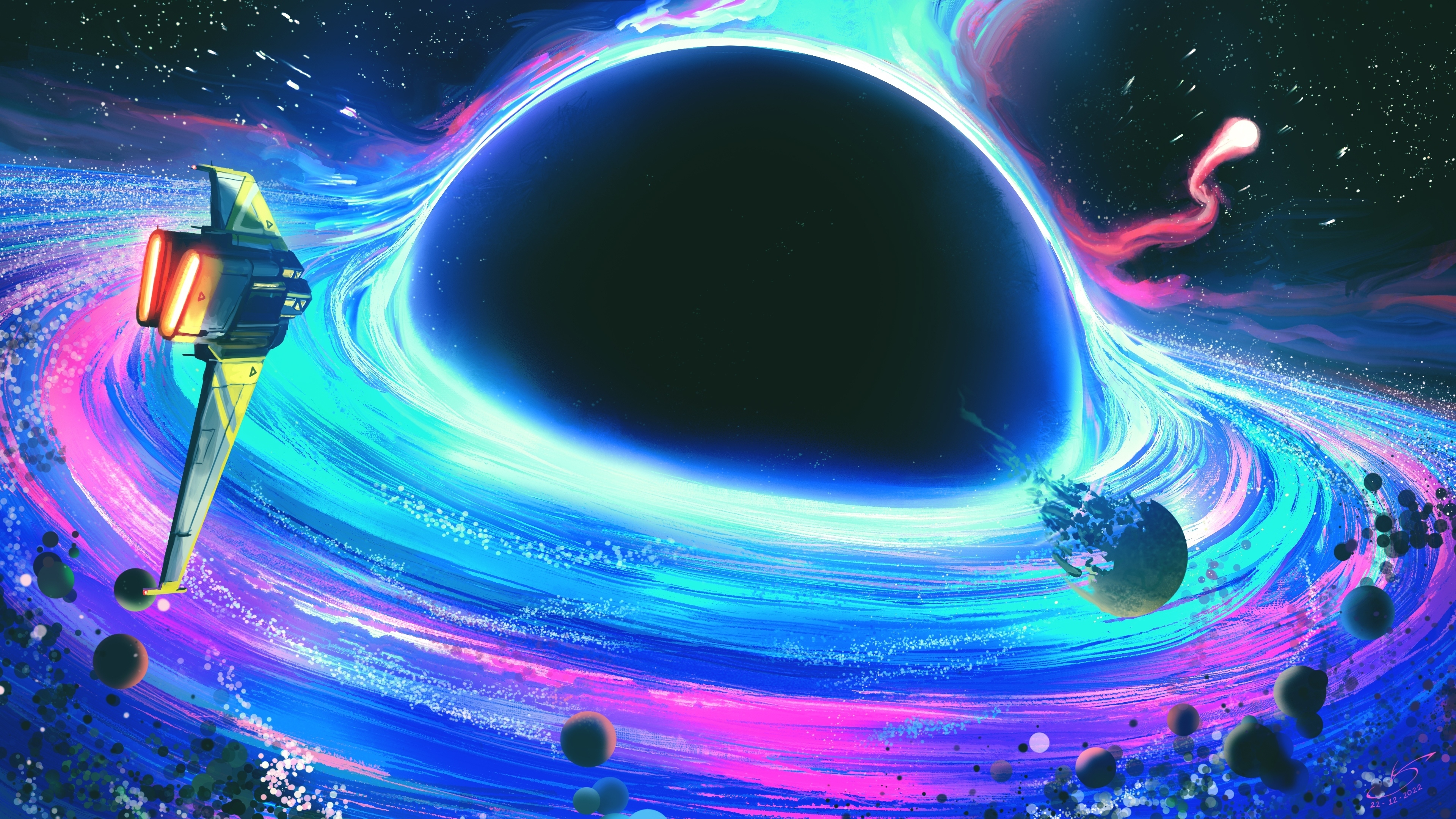 Spaceship move toward black hole, fantasy, art, 3840x2160 wallpaper