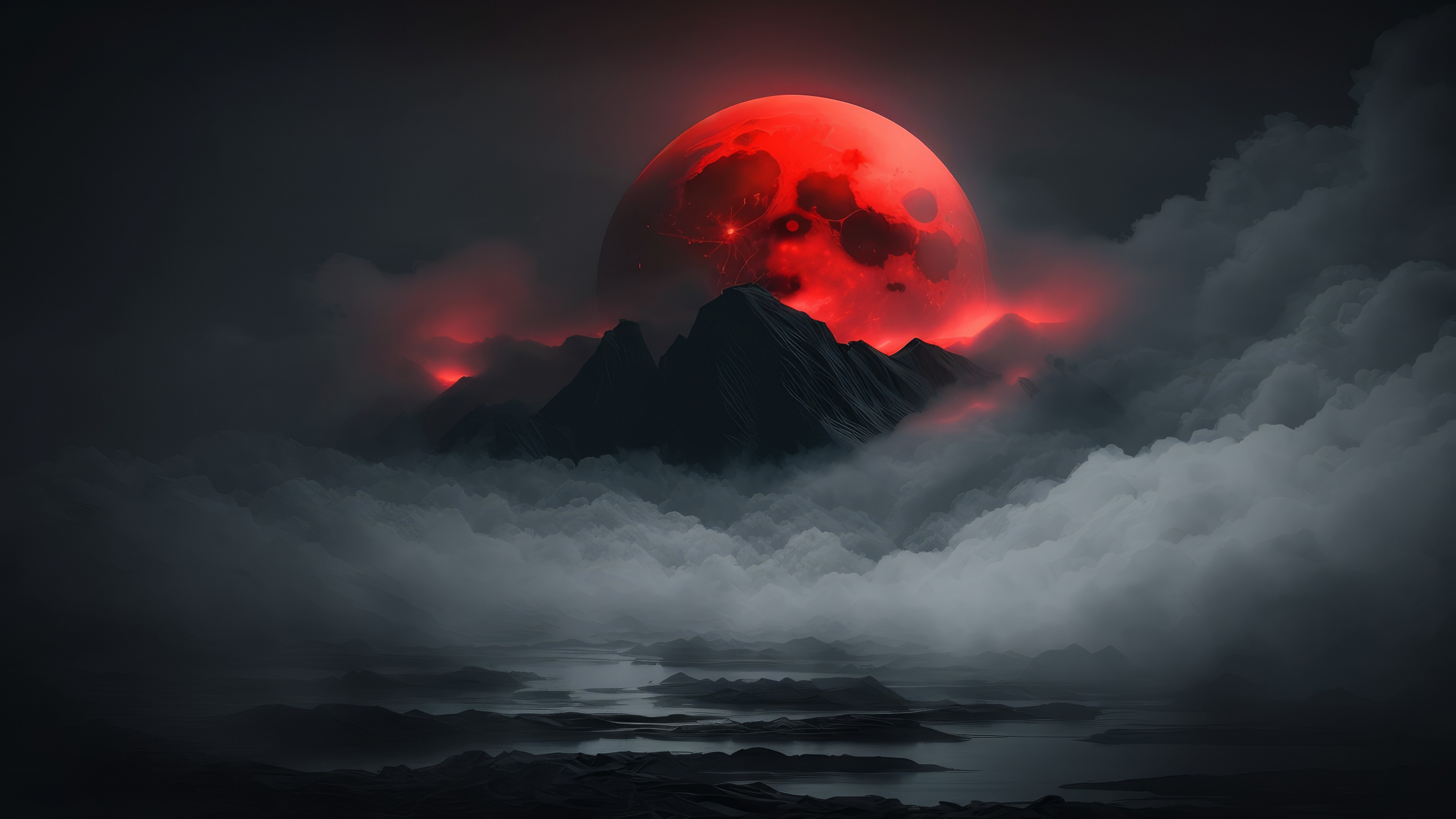 Download wallpaper 3840x2160 red moon and dark mountains, art 4k wallpaper,  uhd wallpaper, 16:9 widescreen 3840x2160 hd background, 29123