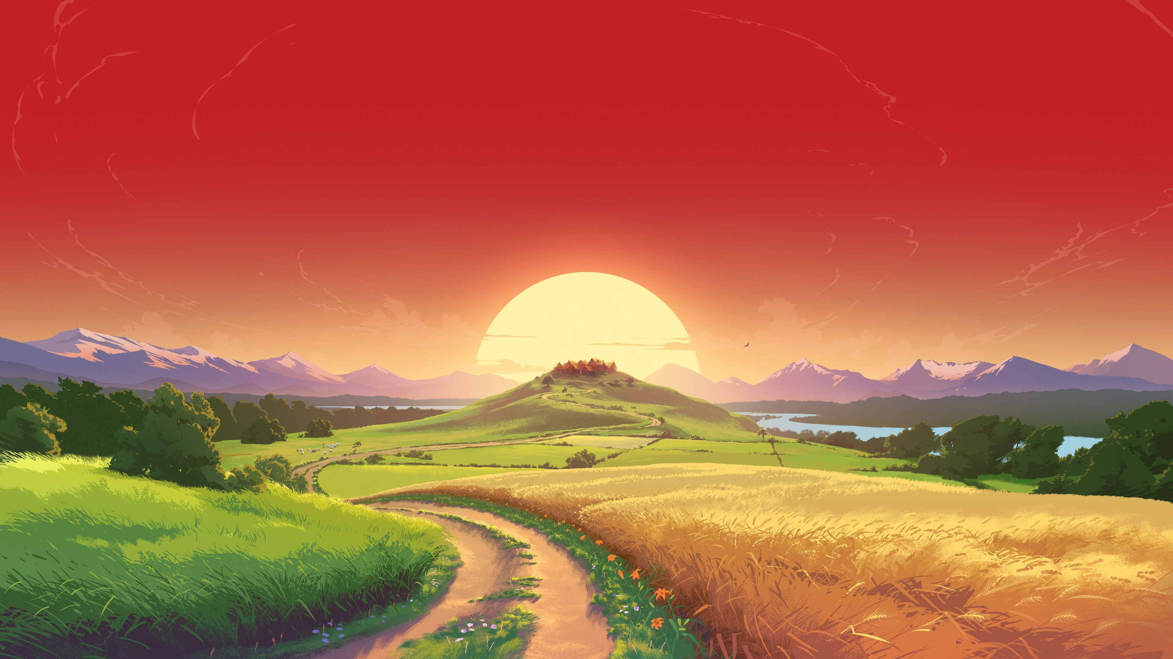 Landscape, sunset, orange sky, pathway, art, 3840x2160 wallpaper