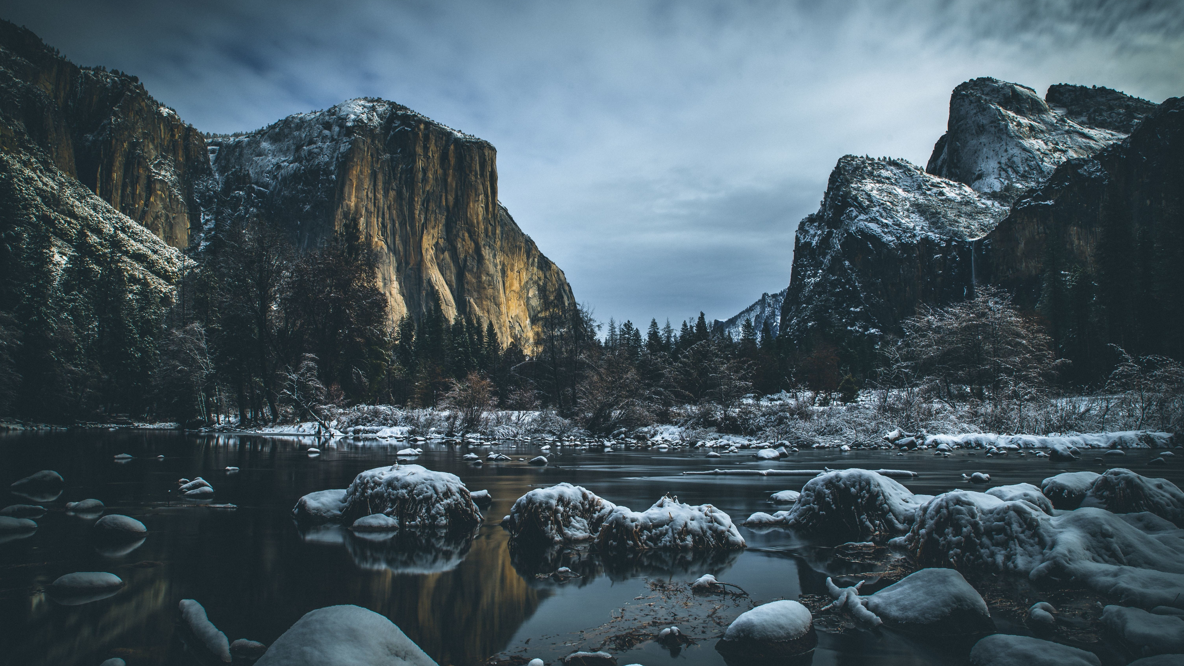 national park yosemite valley river mountains stones