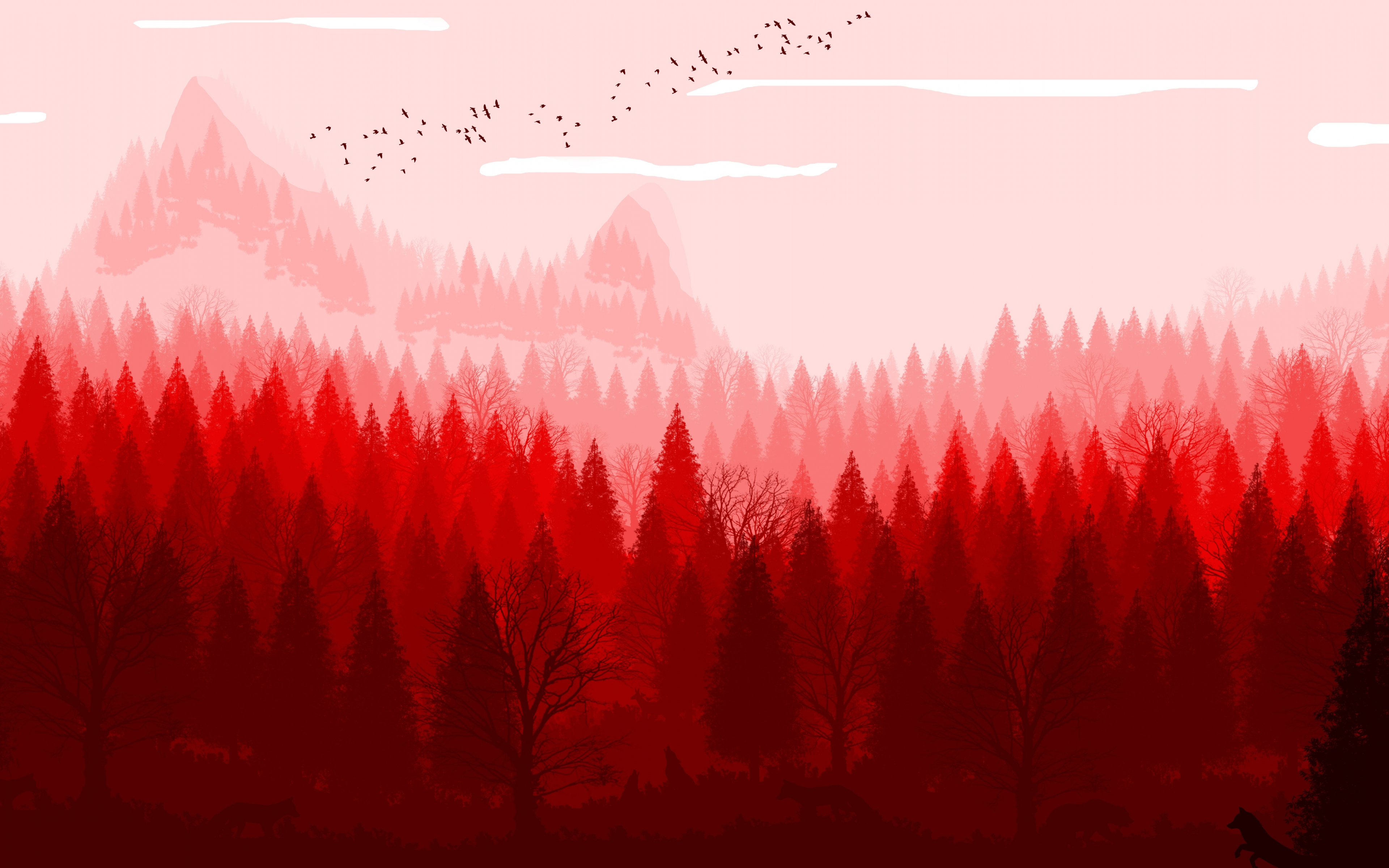 Download wallpaper 3840x2400 red forest, horizon, nature, art 4k