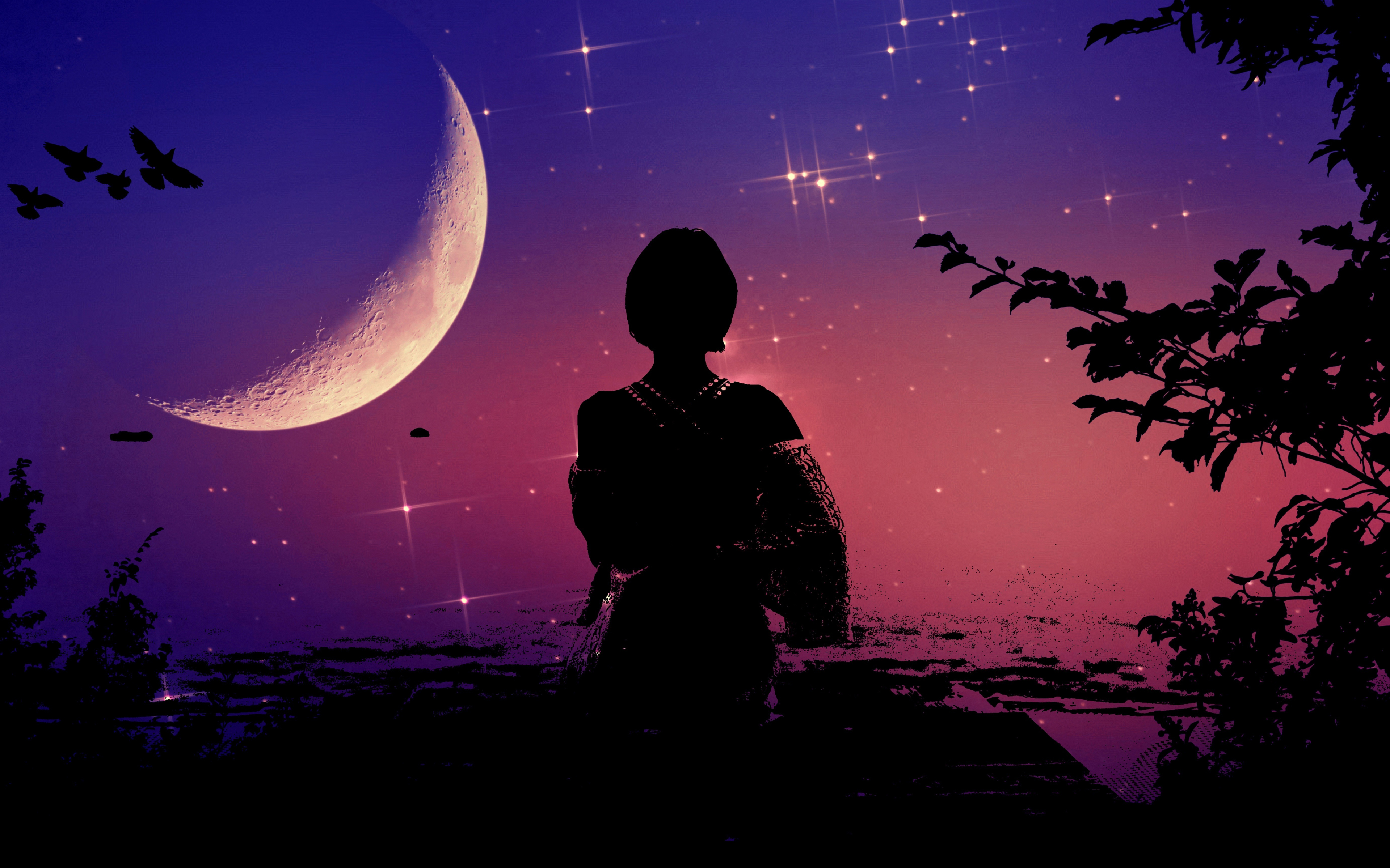 Мужчины на новолуние. Красивая ночь. Девушка на фоне звездного неба. Молодая Луна. Лунная ночь.