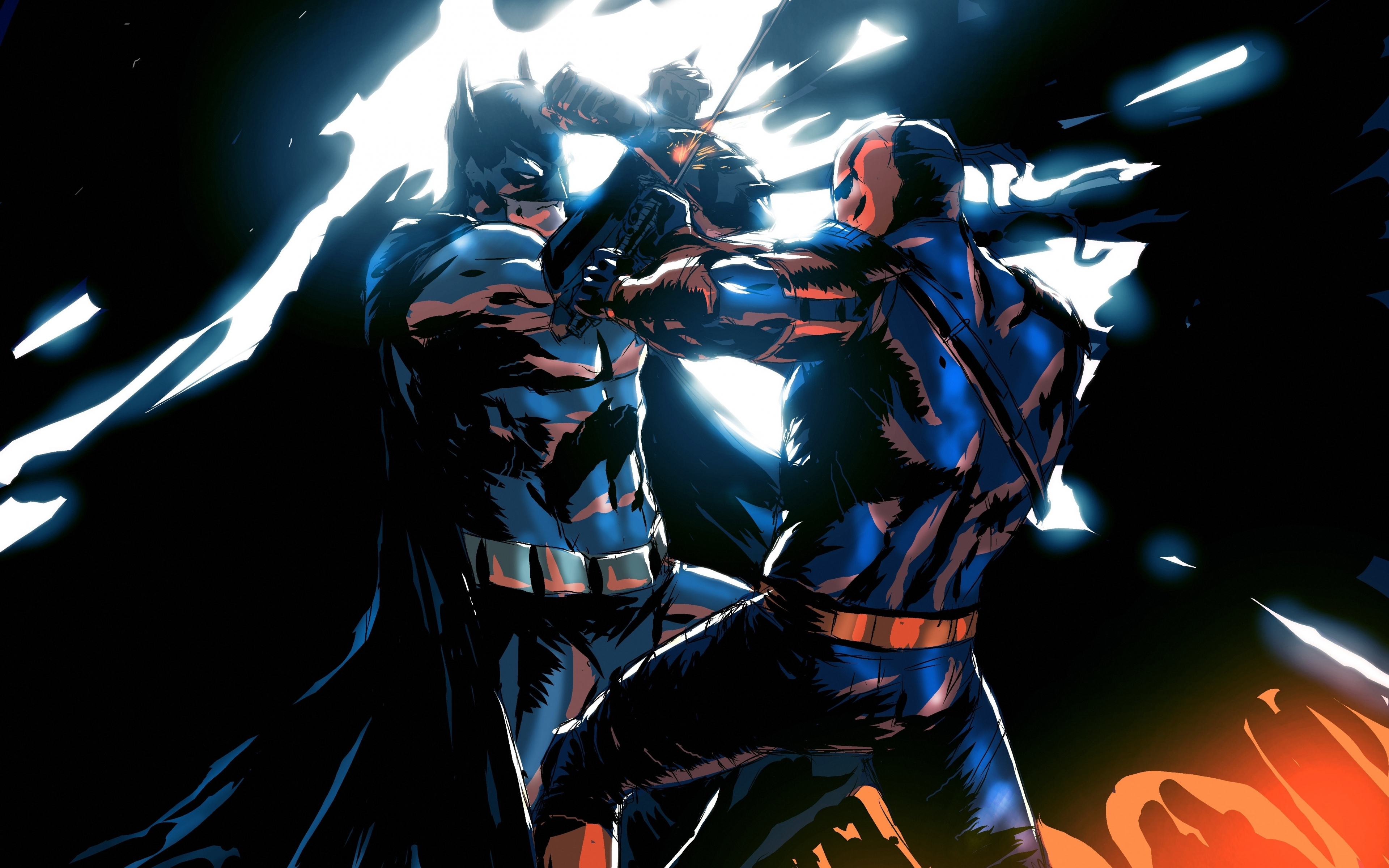 Download 3840x2400 deathstroke and batman, battle, dark, art 4k