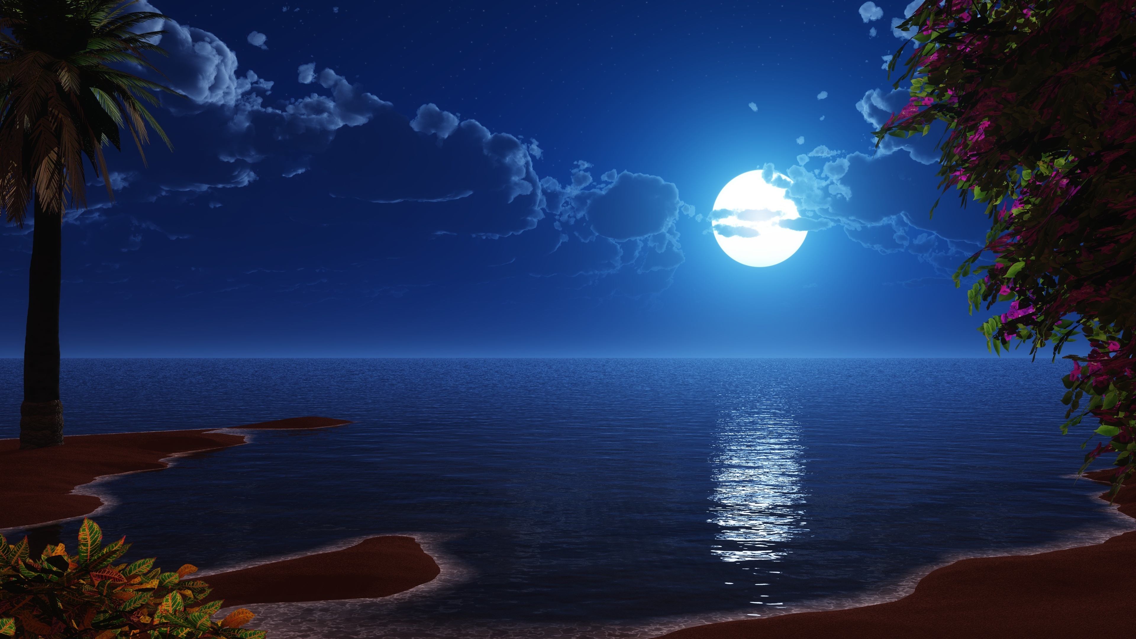 Download Wallpaper X Tropical Beach Coast Full Moon Night Sky Scenery Digital Art