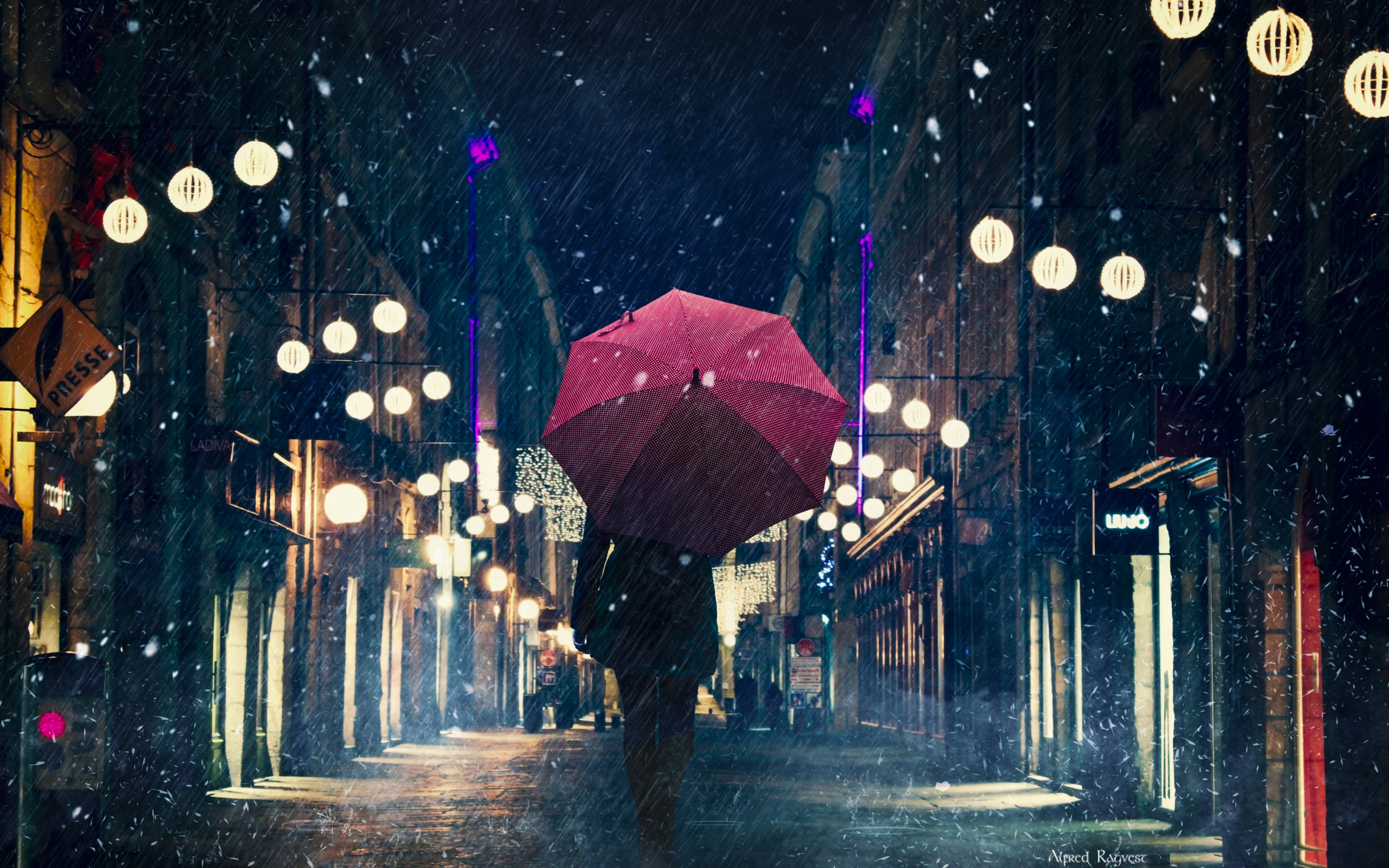 Download 3840x2400 Wallpaper Silhouette Man With An Umbrella Walk Umbrella Street Night City 4k Ultra Hd 16 10 Widescreen 3840x2400 Hd Image Background 21476