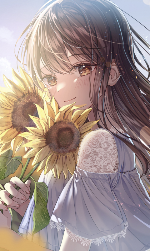 Sunflower and cute girl, anime, 480x800 wallpaper
