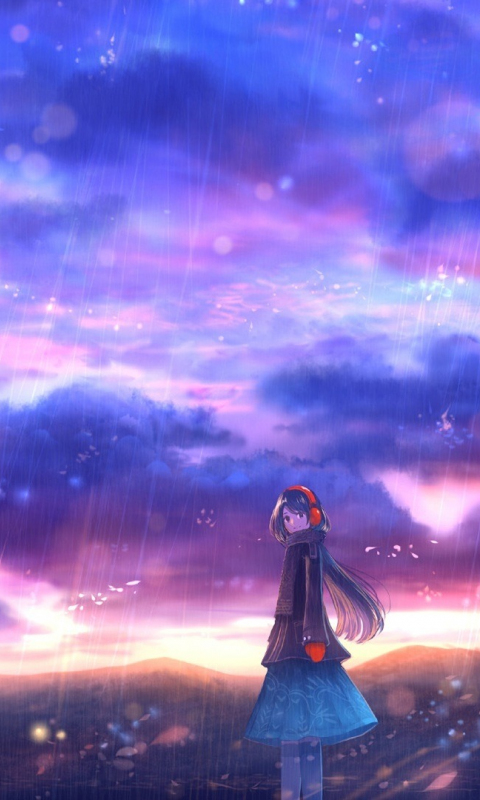 Rain, clouds, colorful, sky, anime girl, 480x800 wallpaper