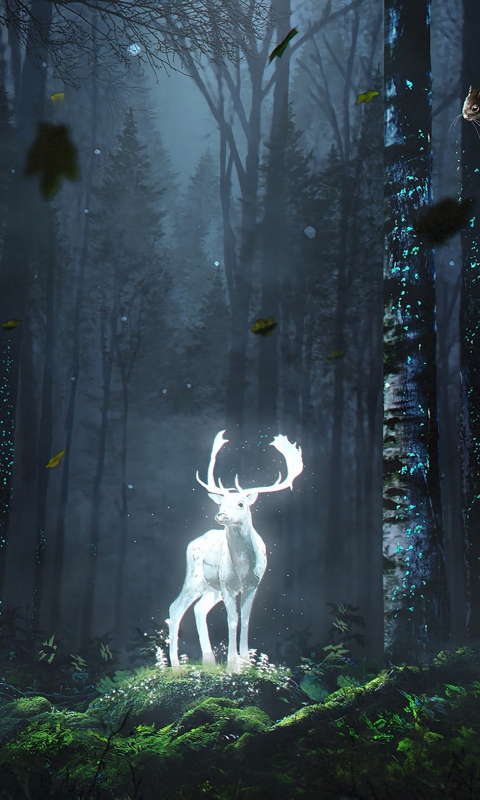 Forest, wild deer, glow, fantasy, art, 480x800 wallpaper