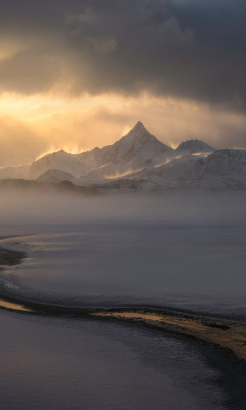Snowy winter, morning, landscape, glacier, 480x800 wallpaper