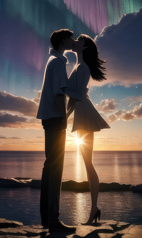 Couple's kiss, at the coast, sunset, art, 480x800 wallpaper