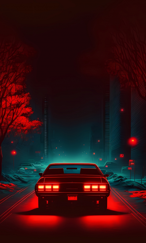 Red car on road, dark and minimal, digital art, 480x800 wallpaper