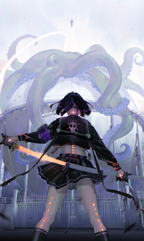 Pirate fighter girl and Octopus, art, 480x800 wallpaper