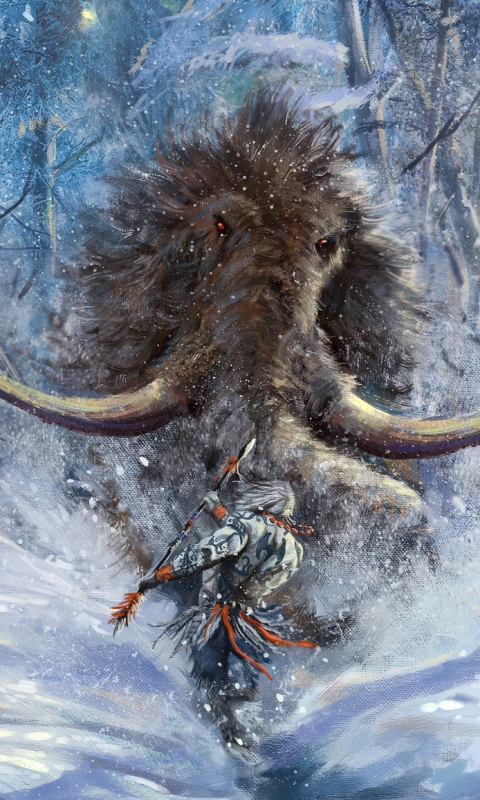 Download wallpaper 480x800 mammoth and man, fantasy, art, nokia x, x2 ...