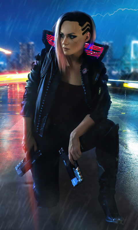 Girl and gun, video game, cyberpunk 2077, 480x800 wallpaper