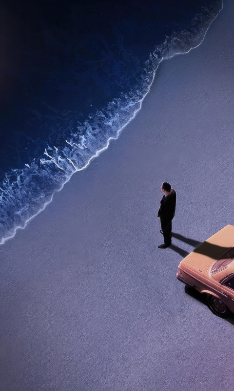 Lonely at night at the beach, car and man, art , 480x800 wallpaper