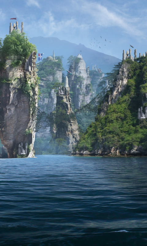 Forgotten islands, panorama, sea, cliffs, fantasy, 480x800 wallpaper