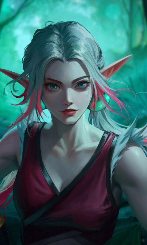 Beautiful elf girl, white-pink hair, fantasy, 480x800 wallpaper