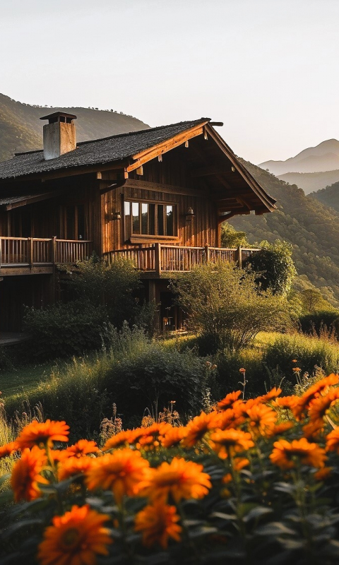 Wooden house in jungle, flowers, spring, 480x800 wallpaper