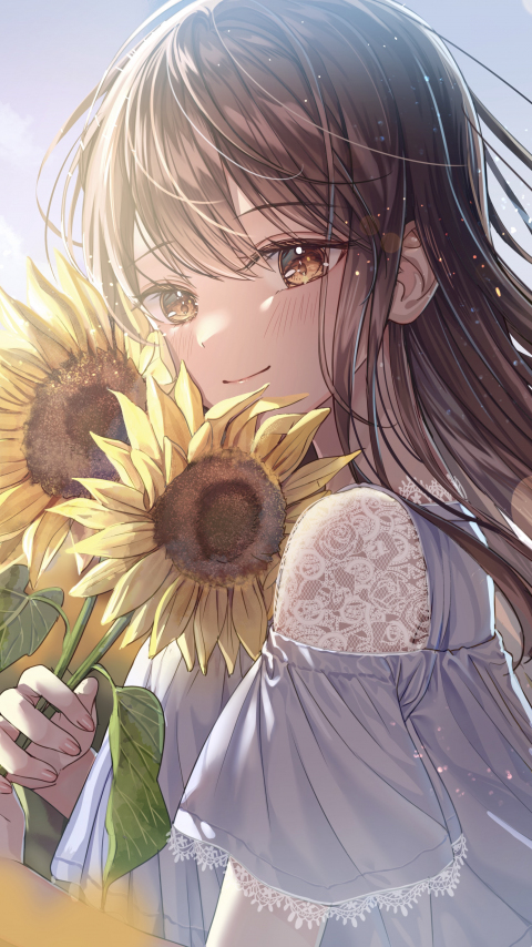 Sunflower and cute girl, anime, 480x854 wallpaper