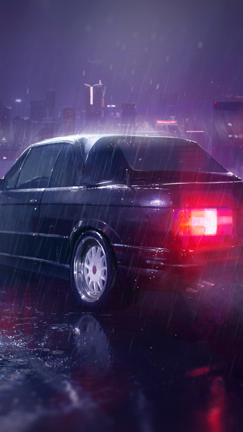 Rain, neon lights, taillight, car, art, 480x854 wallpaper