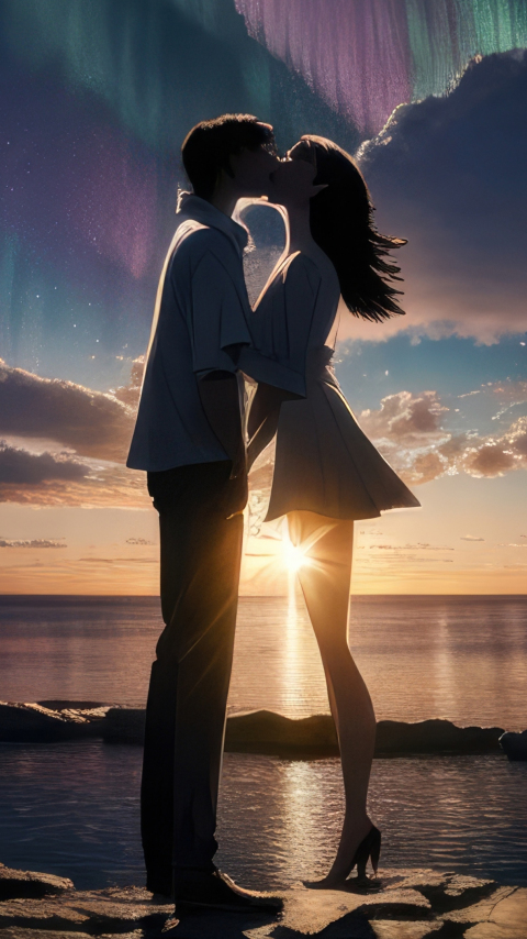 Couple's kiss, at the coast, sunset, art, 480x854 wallpaper