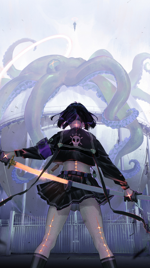 Pirate fighter girl and Octopus, art, 480x854 wallpaper