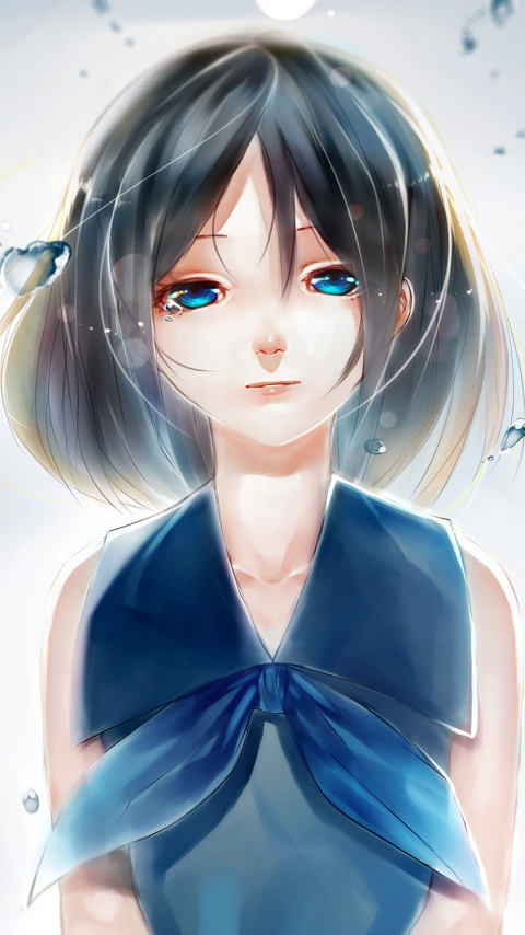 Download wallpaper 480x854 blue eyes, anime girl, water drops, art ...