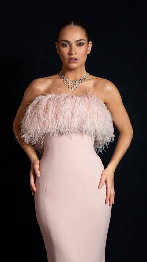 Lily James, pink pretty dress, celebrity, 480x854 wallpaper