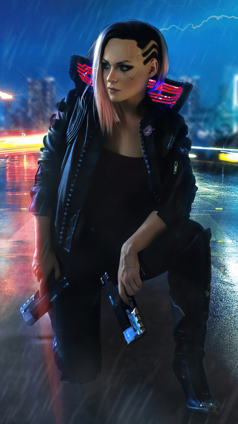 Girl and gun, video game, cyberpunk 2077, 480x854 wallpaper
