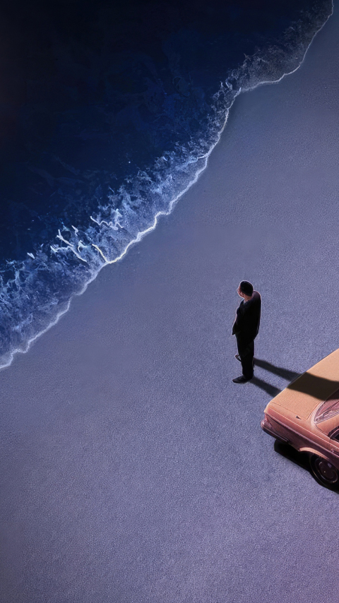 Lonely at night at the beach, car and man, art , 480x854 wallpaper