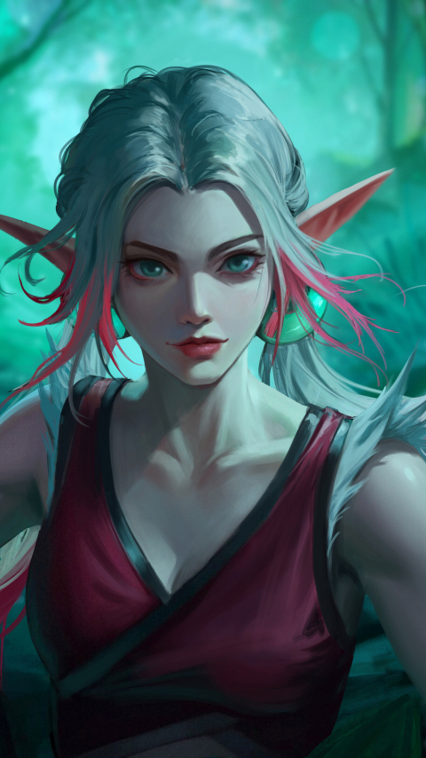 Beautiful elf girl, white-pink hair, fantasy, 480x854 wallpaper