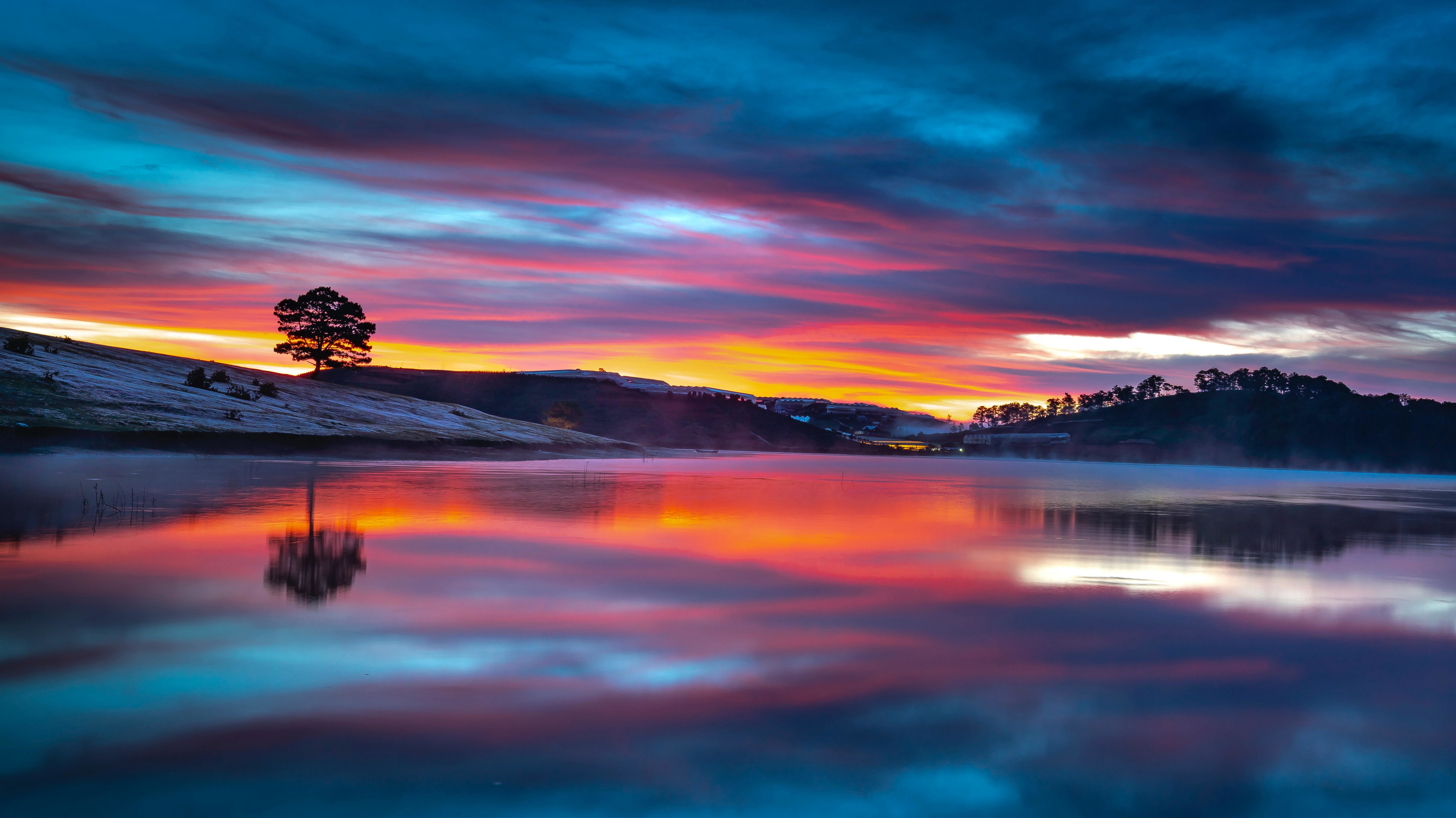 Download Wallpaper 5120x2880 Lake, Reflections, Sunset, Clouds, Nature