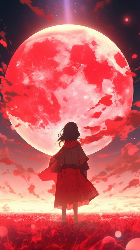 A world full of red, moon, anime, 540x960 wallpaper