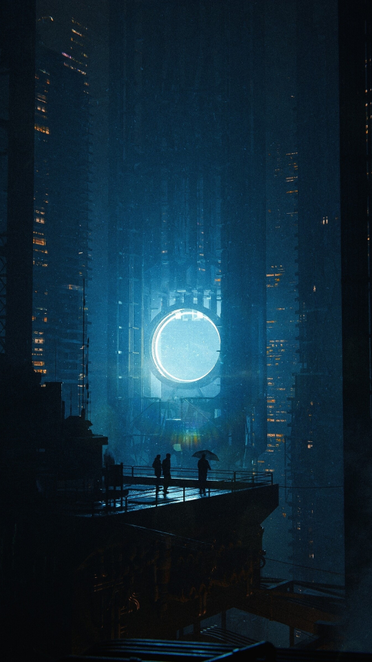 Tall buildings, glowing portal, cyberpunk, 540x960 wallpaper