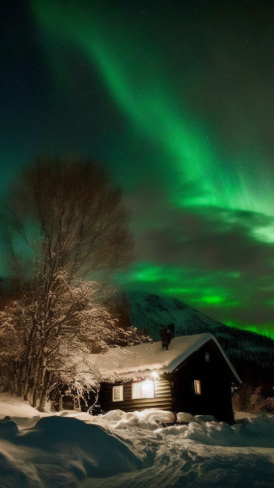 House in winter, snowlayer landscape, northern lights, artwork, 540x960 wallpaper